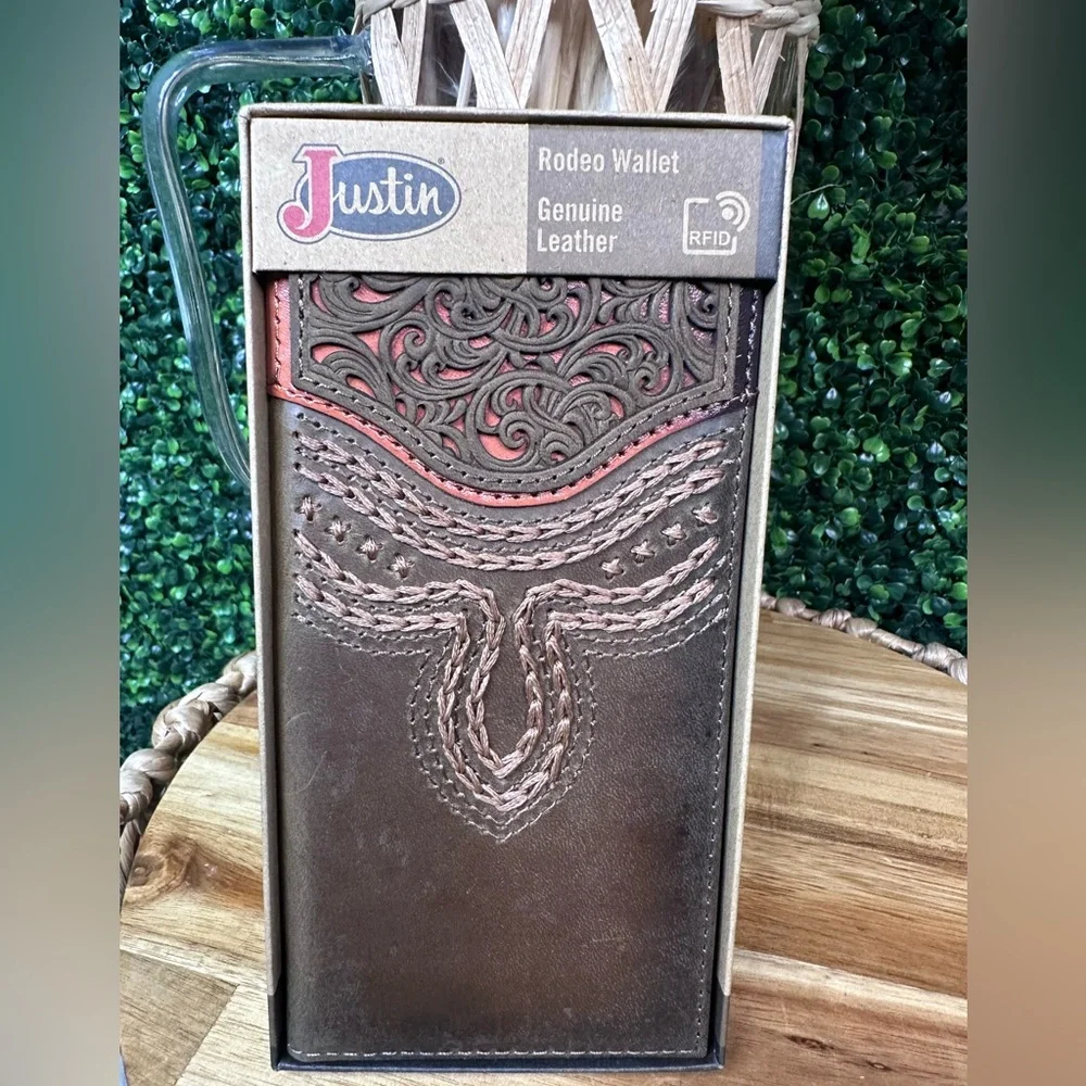 Justin Boots Brown Leather tooled rodeo‎ Wallet nwt